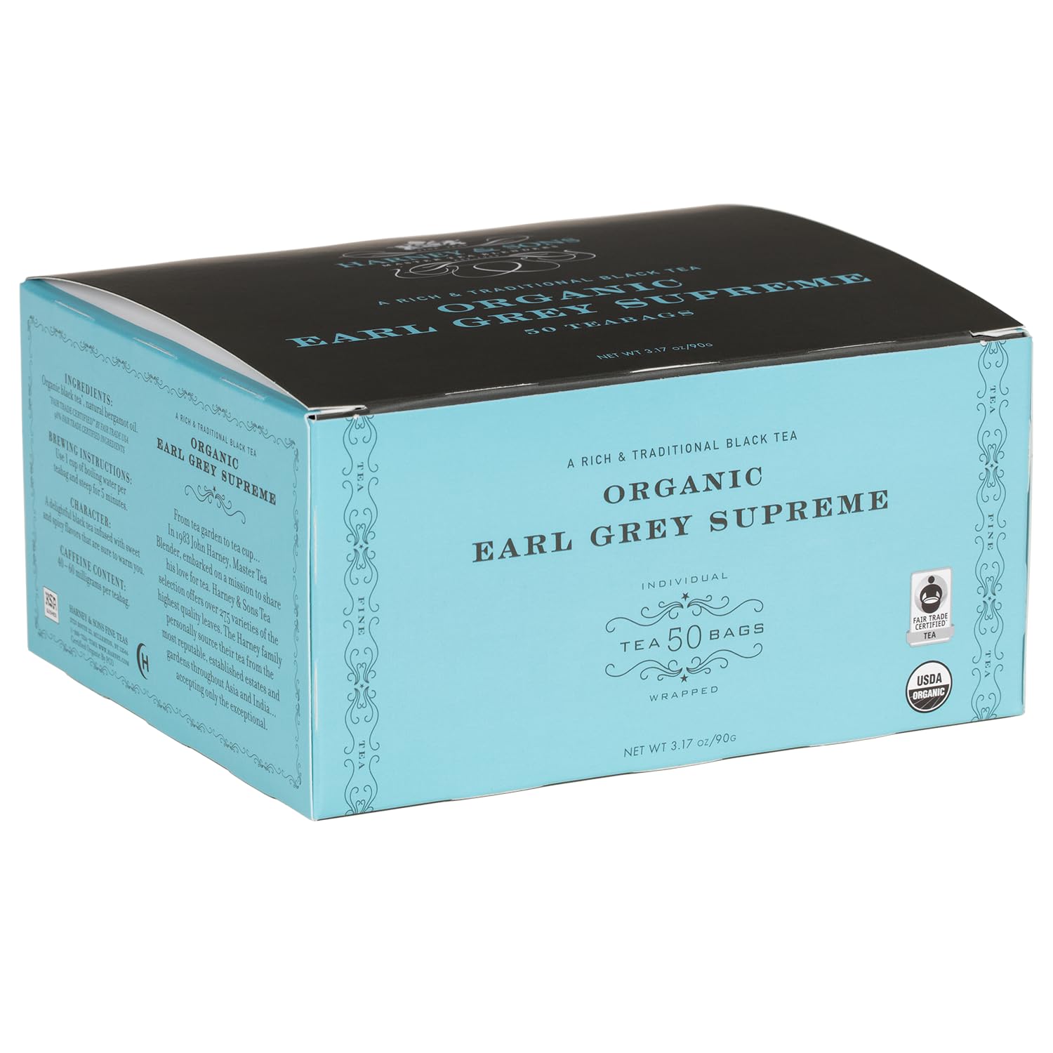 Harney and Sons Organic Earl Grey Supreme box of 50 tea bags for easy brewing.