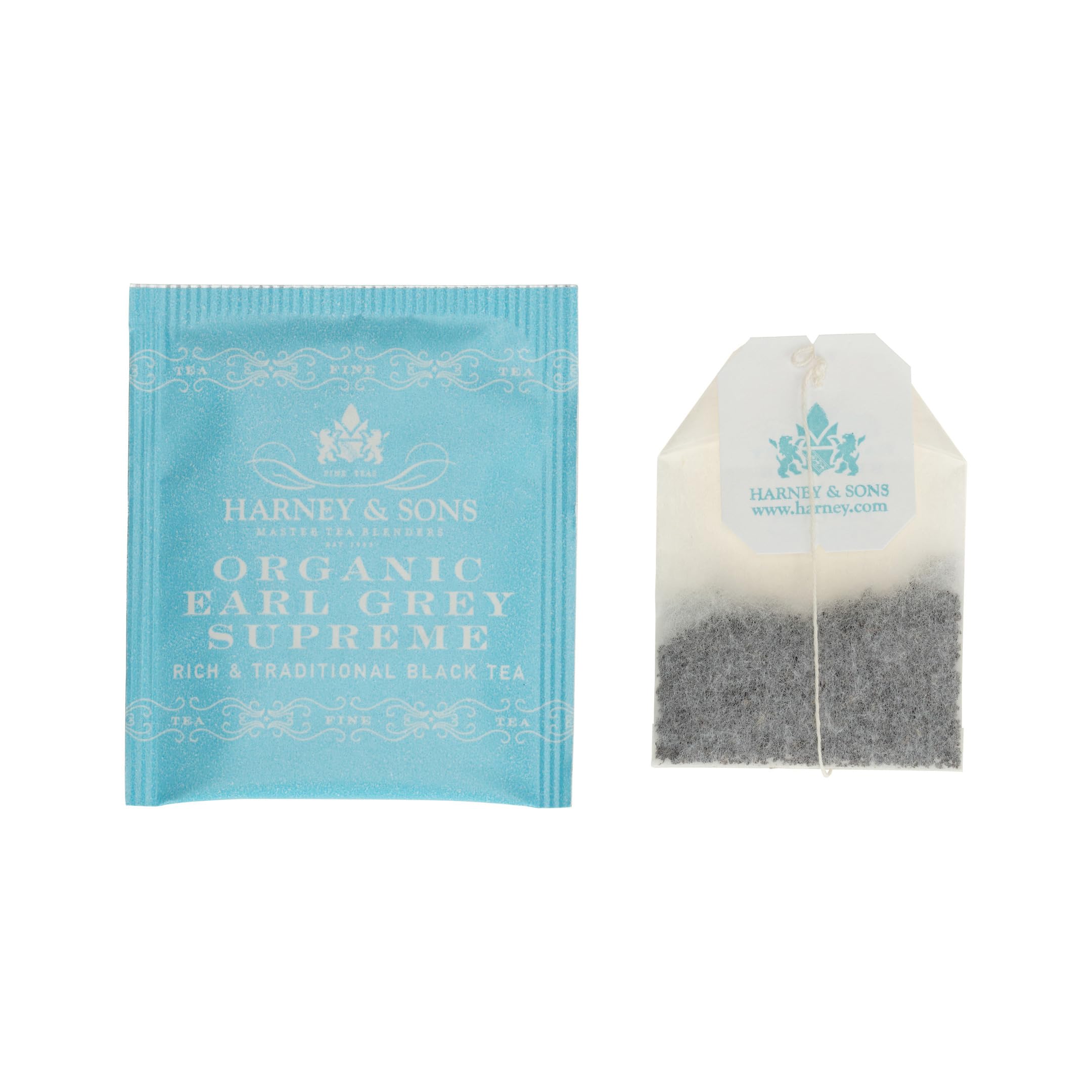 Pouring Harney and Sons Earl Grey Supreme tea for a fragrant, citrus-forward cup.