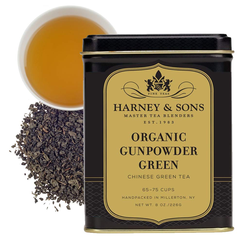 Harney & Sons Organic Gunpowder Green Tea tin on shelf for premium brewing.