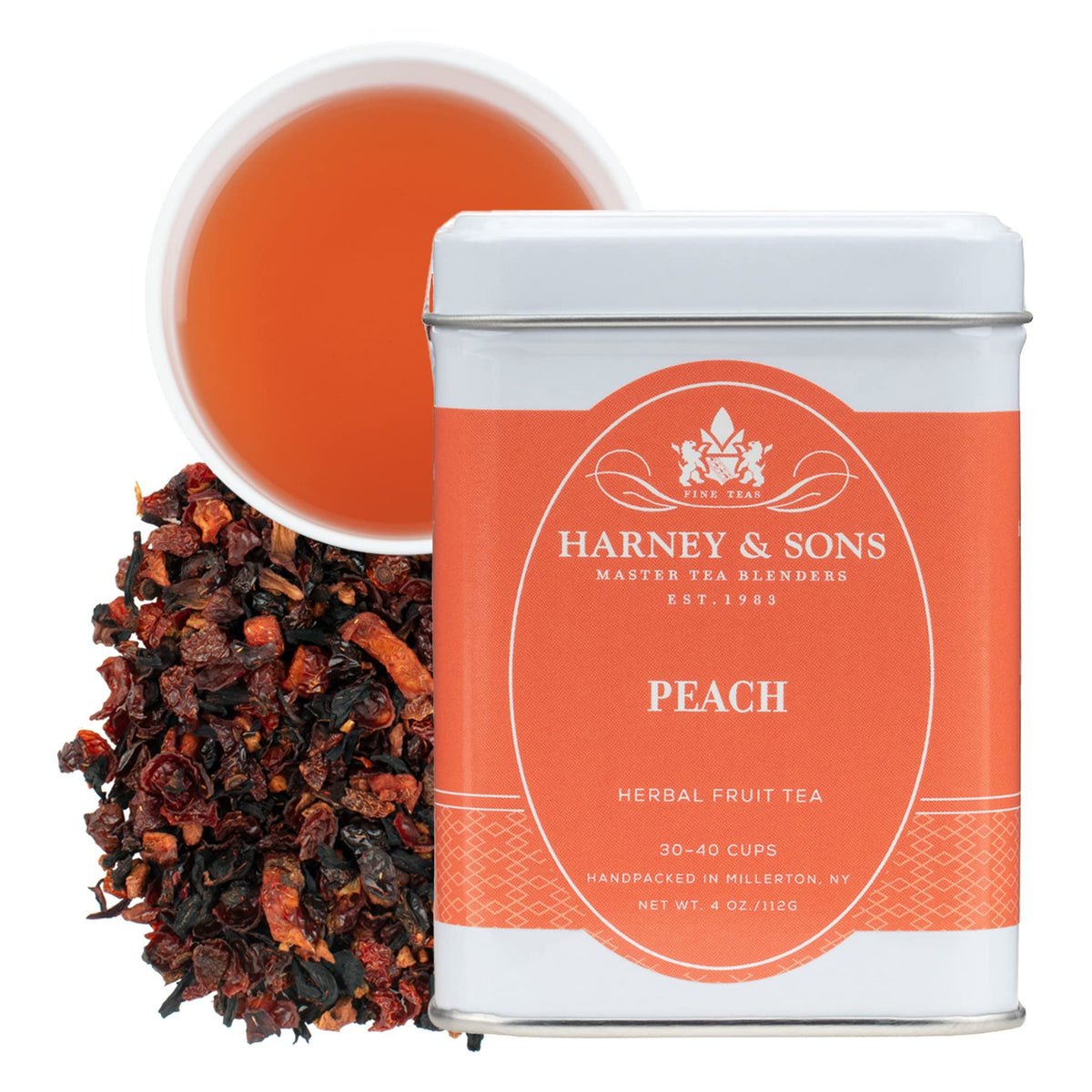 Harney & Sons Peach Fruit Tea loose-leaf setup, caffeine-free refreshment for hot or iced brewing.