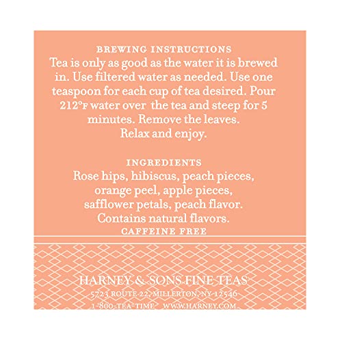 Harney & Sons Peach Fruit Tea rosehips-hibiscus close-up, vibrant ruby infusion ready to enjoy.