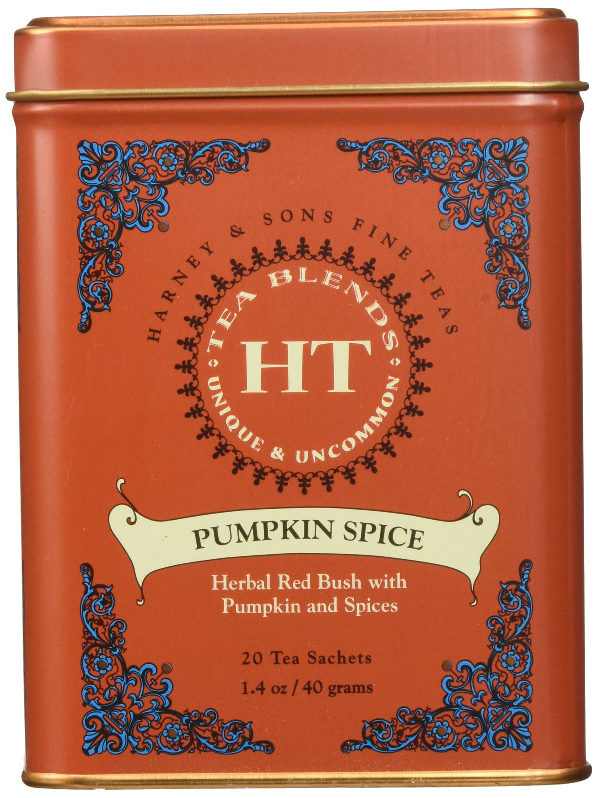 Harney & Sons Pumpkin Spice Rooibos tea tin showing autumn packaging for cozy evenings.