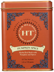 Harney & Sons Pumpkin Spice Rooibos tea tin showing autumn packaging for cozy evenings.