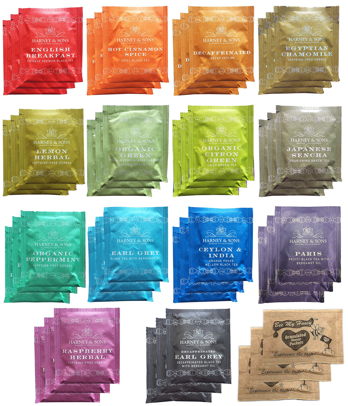 Harney & Sons tea bag sampler with honey crystals, ideal for gifting.