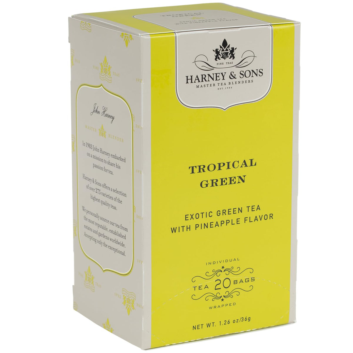 Harney & Sons Tropical Green tea bag with fruity pineapple notes for a bright start