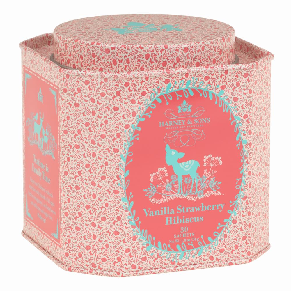 Harney & Sons Vanilla Strawberry Hibiscus tea tin front, vibrant caffeine-free flavor.