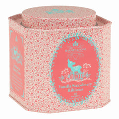 Harney & Sons Vanilla Strawberry Hibiscus tea tin front, vibrant caffeine-free flavor.