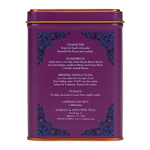 Harney & Sons Indigo Punch hot brew with rosy notes and lemongrass brightness.