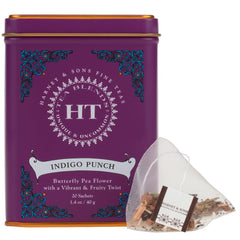 Harney & Sons Indigo Punch tea sachet ready for easy, caffeine-free brewing.