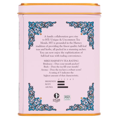 Harney & Sons tin opened to reveal 20 tea sachets for multiple cups.