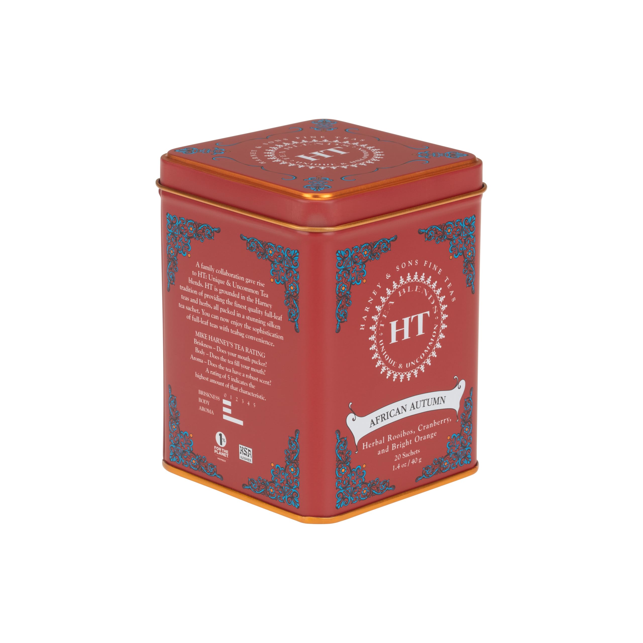 Harney & Sons African Autumn Rooibos tea tin, caffeine-free herbal blend for relaxing moments.