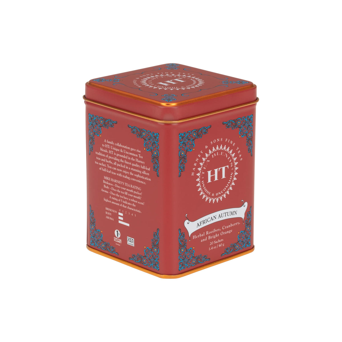 Harney & Sons African Autumn Rooibos tea tin, caffeine-free herbal blend for relaxing moments.