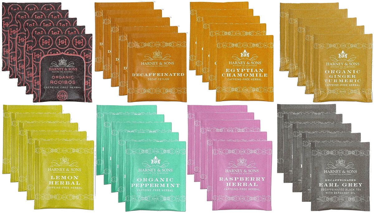 Harney & Sons assorted tea sampler with 40 bags for varied tastings.