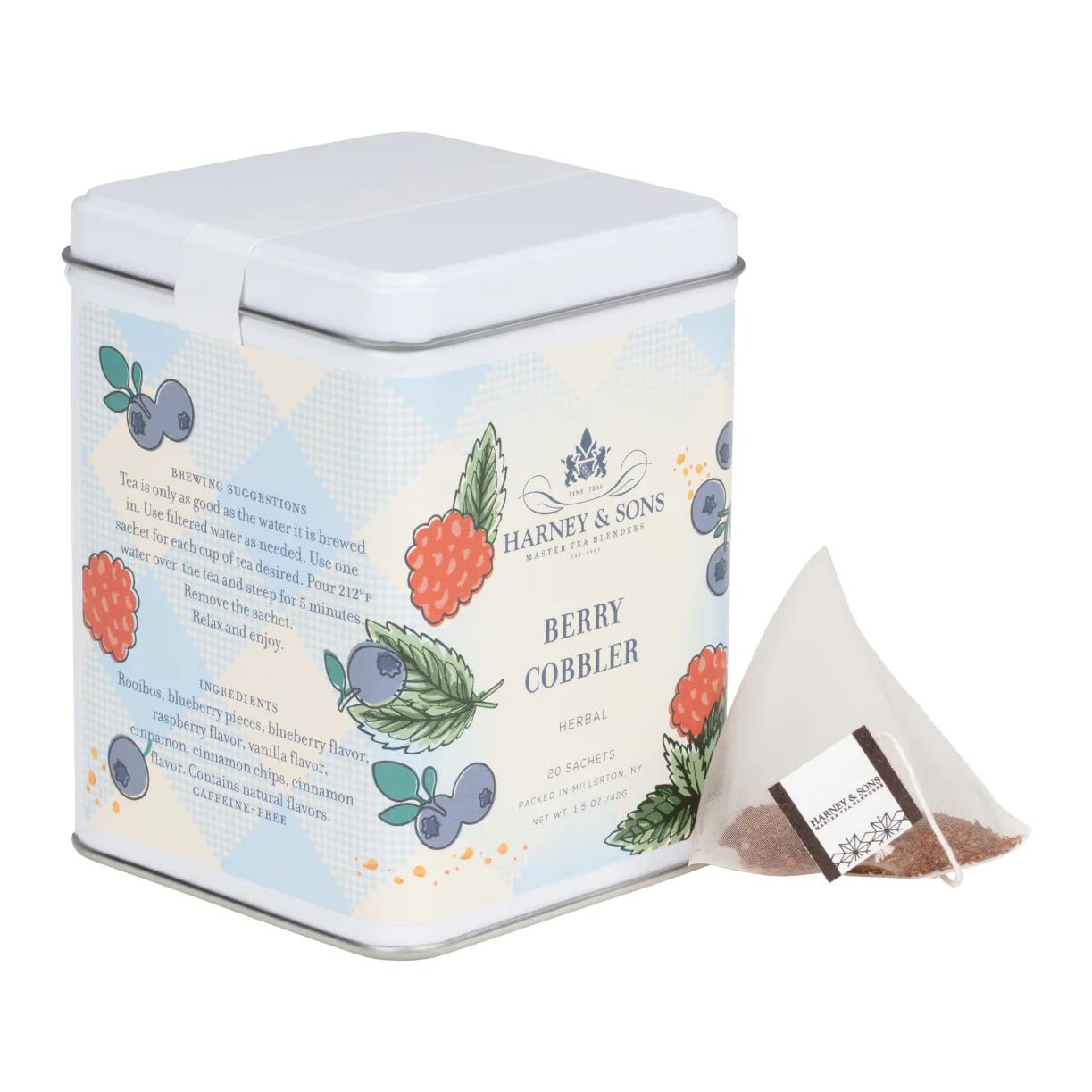 Close up of Berry Cobbler sachets highlighting convenient, caffeine-free flavor