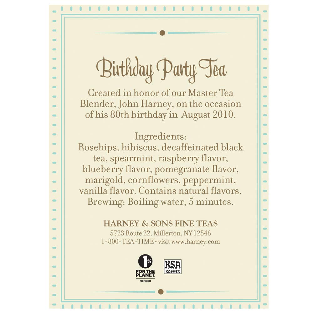Close-up of Harney & Sons Birthday Party Tea leaves and flavors.