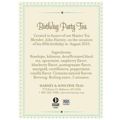Close-up of Harney & Sons Birthday Party Tea leaves and flavors.