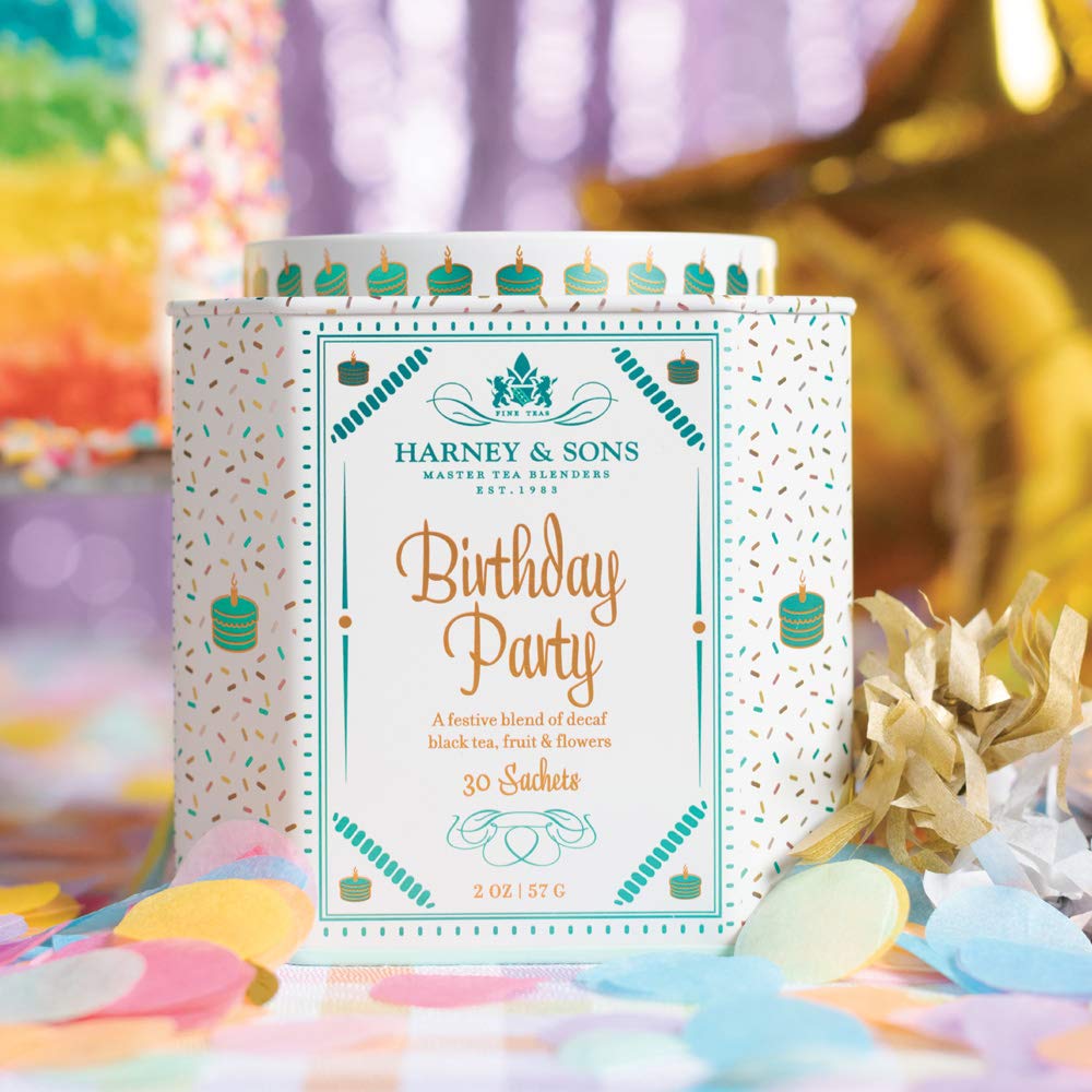 Harney & Sons Birthday Party Tea sachets neatly arranged for gatherings.