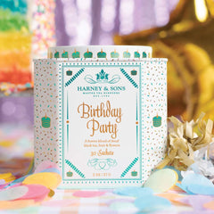Harney & Sons Birthday Party Tea sachets neatly arranged for gatherings.