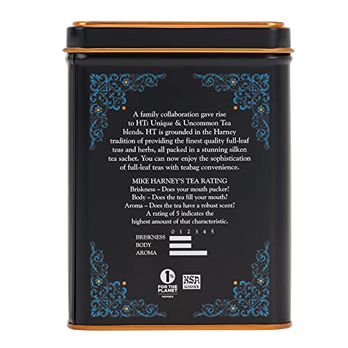 Brewed Harney & Sons Black Cask Bourbon tea in a cup, amber color.