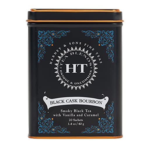 Close-up of Harney & Sons Black Cask Bourbon Tea sachets, smoky aroma ready for steeping.