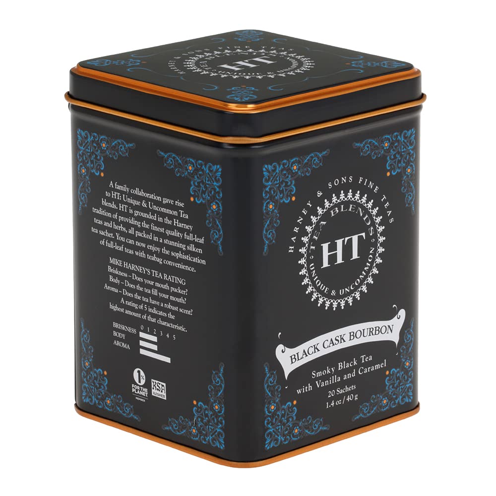 Harney & Sons Black Cask Bourbon Tea tin with 20 sachets for easy brewing.