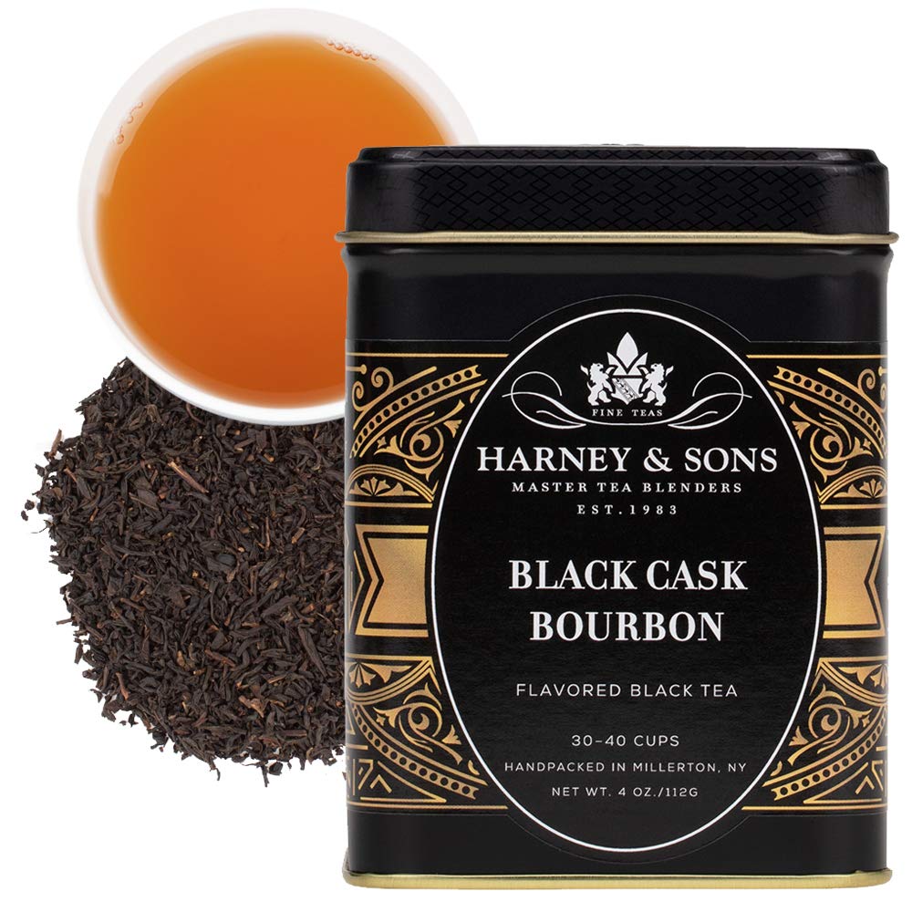 Harney & Sons Black Cask loose tea tin with rich bourbon aroma for slow sipping.