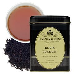 Harney & Sons Black Currant tea tin front view, rich berry aroma.