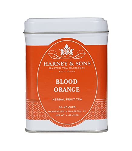 A cup of Harney & Sons Blood Orange Fruit Tea showing a bright amber brew