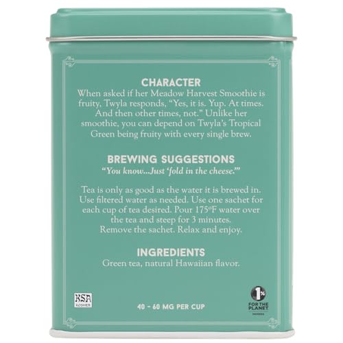Harney & Sons Cafe Tropical Green Tea sachet close-up capturing vibrant aroma and fruity pineapple flavor.