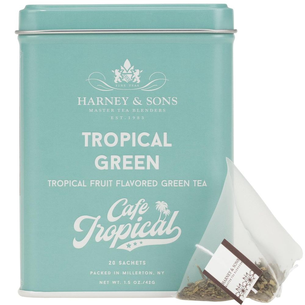 Harney & Sons Cafe Tropical Green Tea tin front view, ideal for gifting or pantry display.