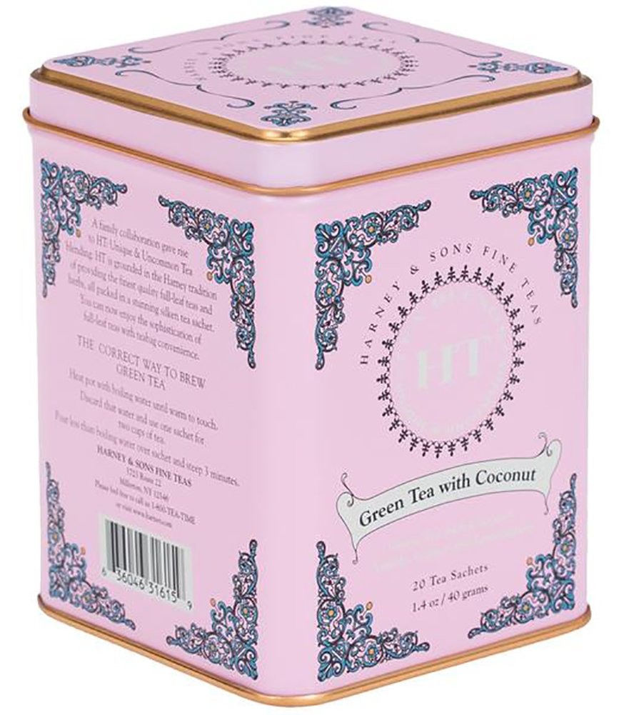 Harney & Sons caffeinated green tea with coconut tin, perfect for a revitalizing 12 oz brew