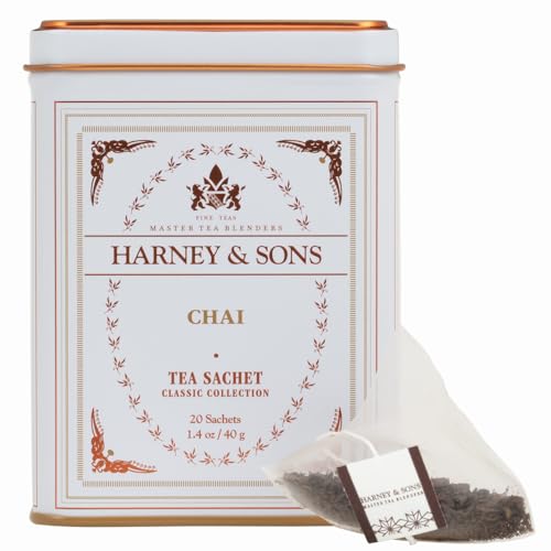 Close-up of Harney & Sons chai spice sachet highlighting aromatic spice blend for quick infusion.