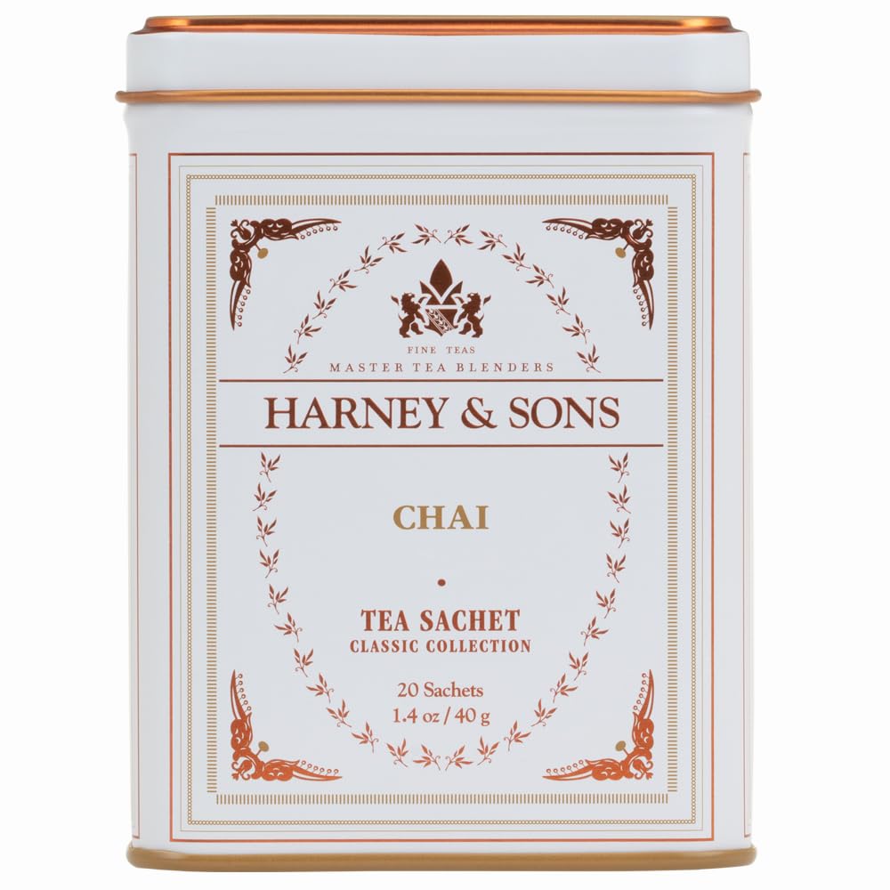 Harney & Sons chai spiced black tea sachets in a decorative tin for convenient brewing.