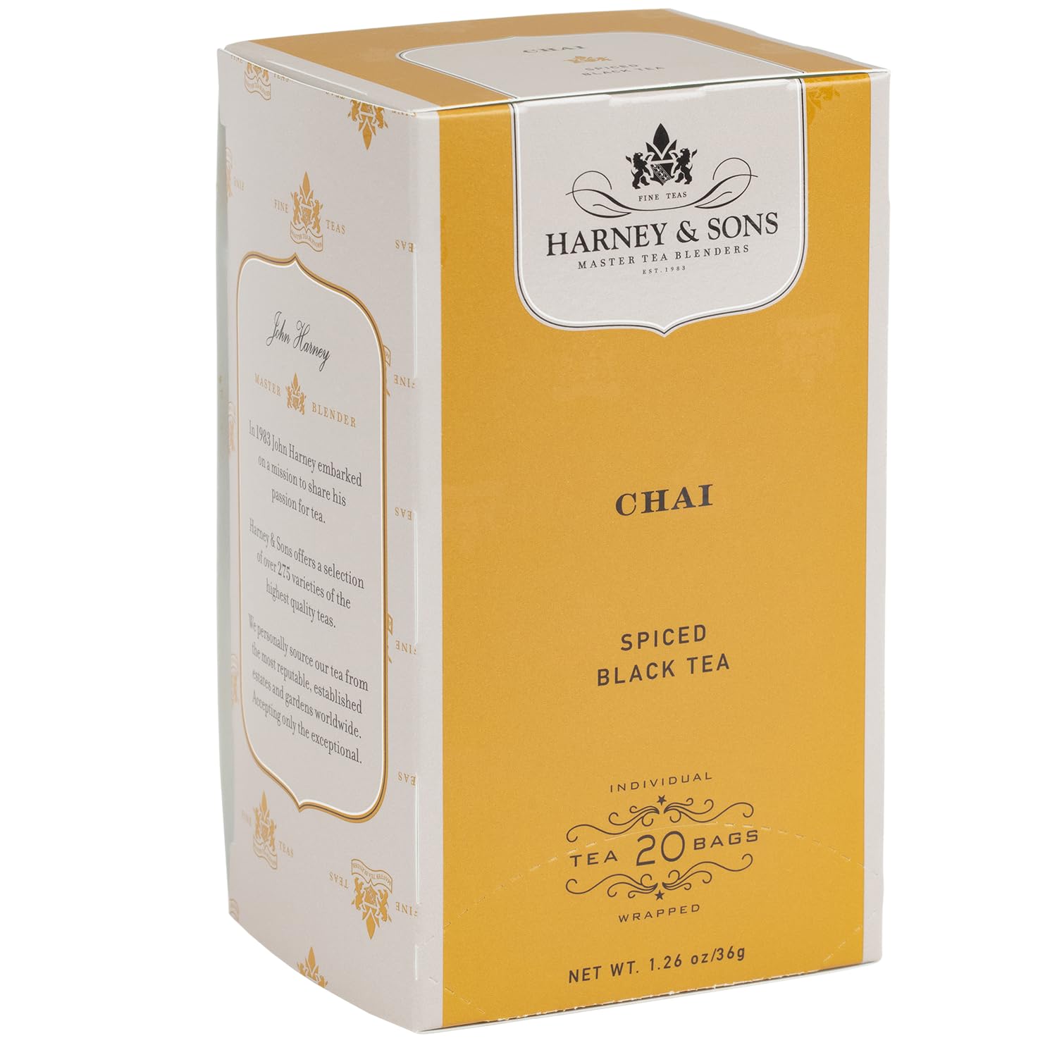 Harney and Sons chai tea bags box front, ready for a bold, spiced brew