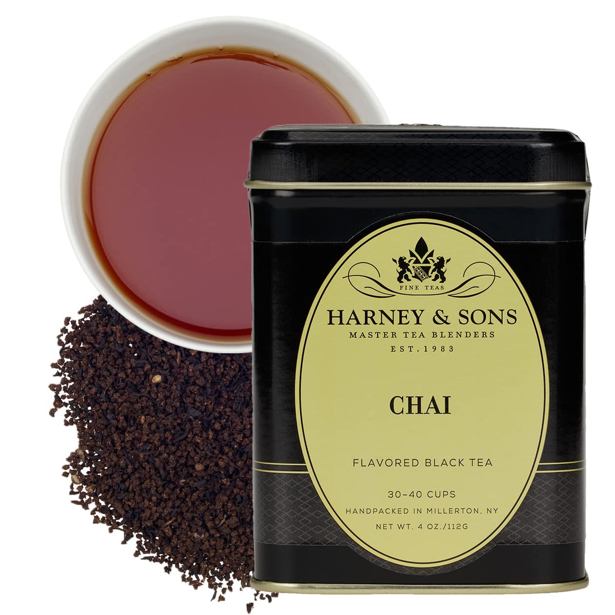 Harney & Sons chai tea loose leaf tin shows bold spice aroma for home brewing.