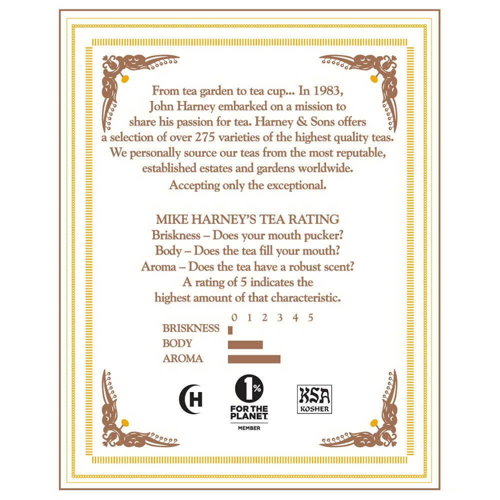 Harney & Sons Chamomile sachet closeup, caffeine-free blend for evenings.