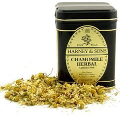 Harney & Sons chamomile loose tea in tin ready for a soothing, caffeine-free evening ritual.