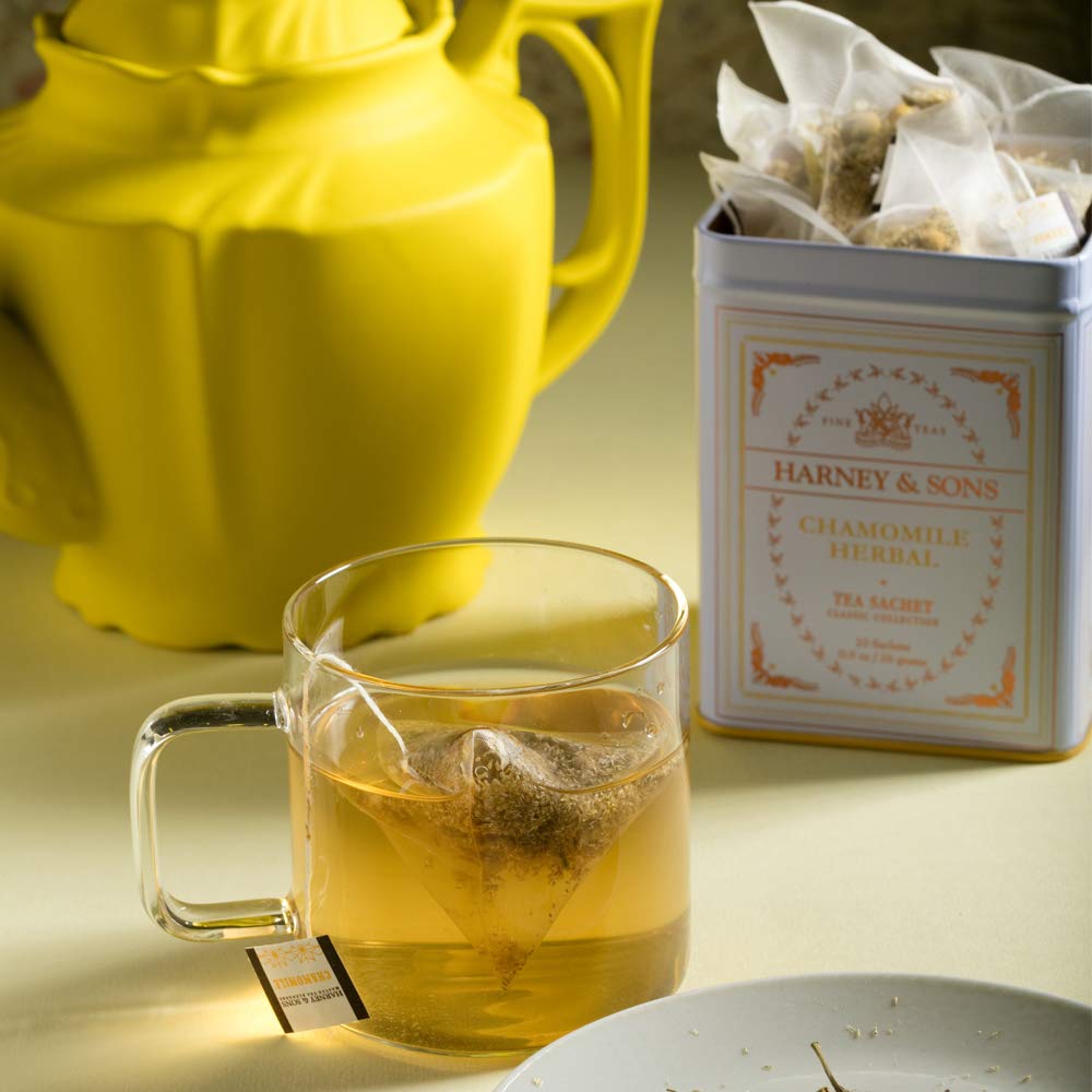 Harney & Sons Chamomile tin front view, classic packaging for tea lovers.