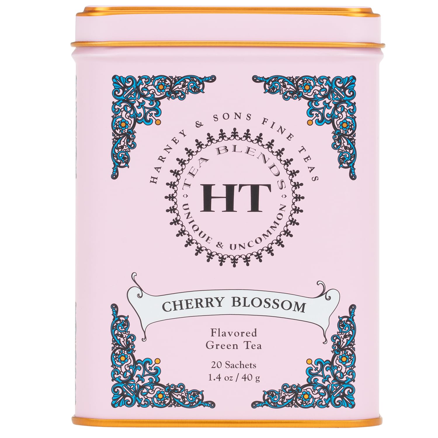 Harney & Sons blossom green tea tin in pink packaging with cherry aroma.