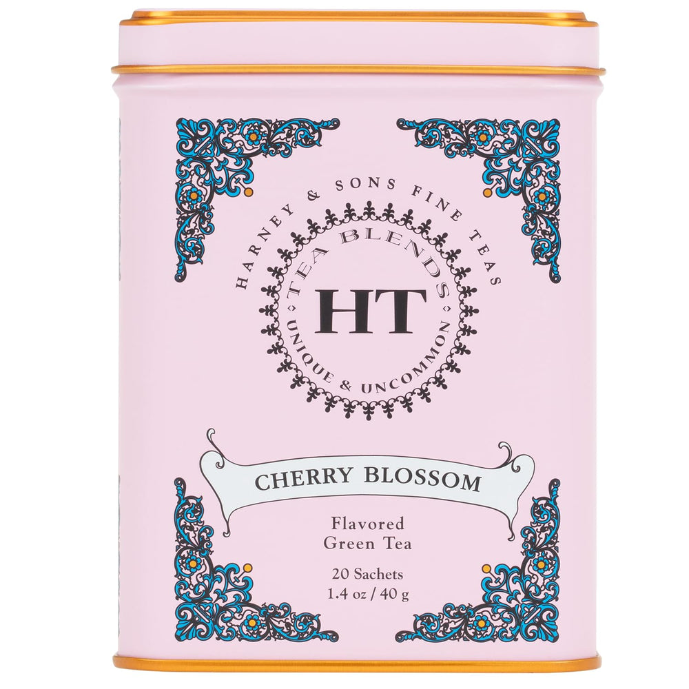 Harney & Sons blossom green tea tin in pink packaging with cherry aroma.