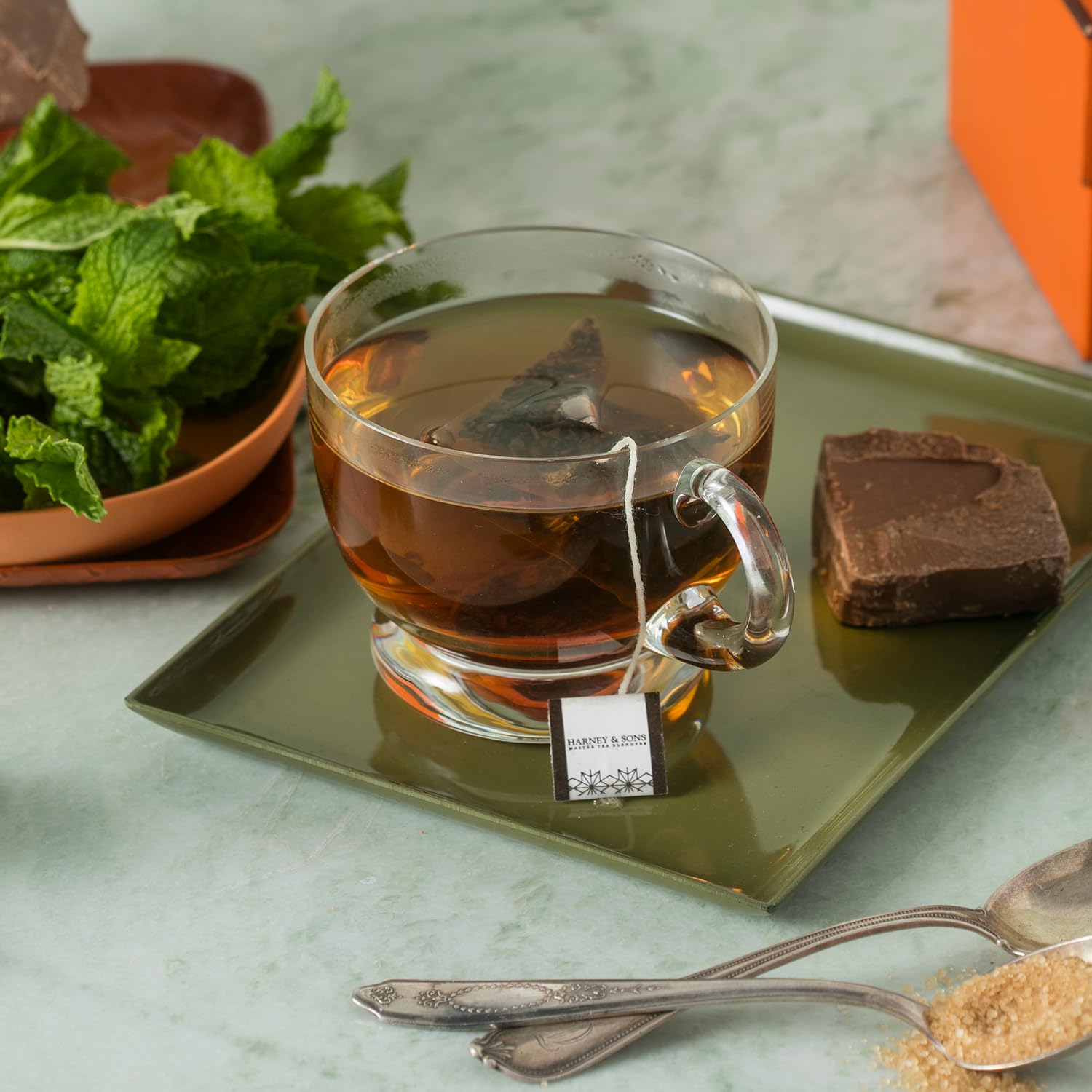 Harney & Sons black tea ingredients label shows peppermint and chocolate flavors