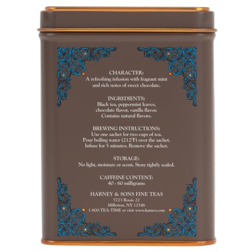 Cup with brewed Harney & Sons Chocolate Mint tea, inviting a dessert-like finish