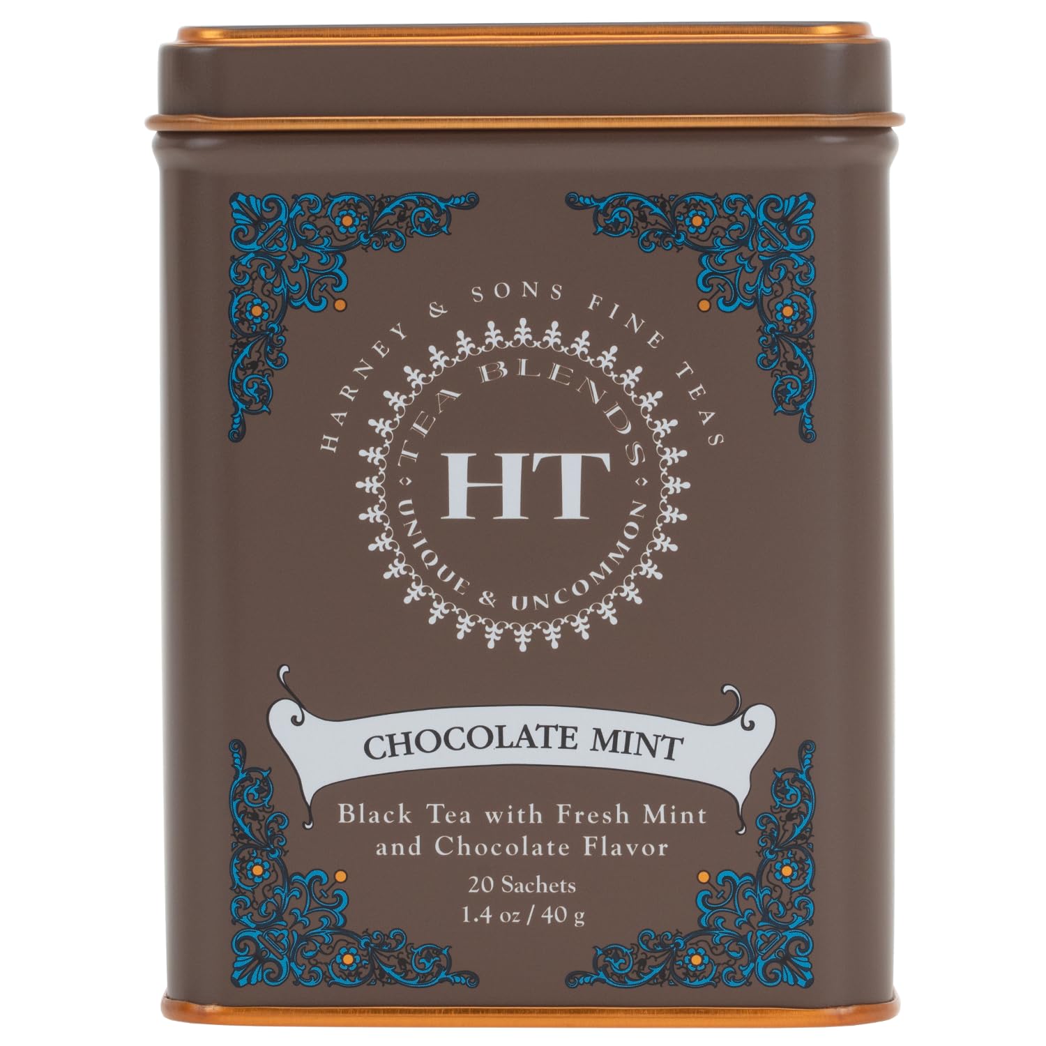 Harney & Sons Chocolate Mint tea tin with rich aroma, ideal after-dinner ritual