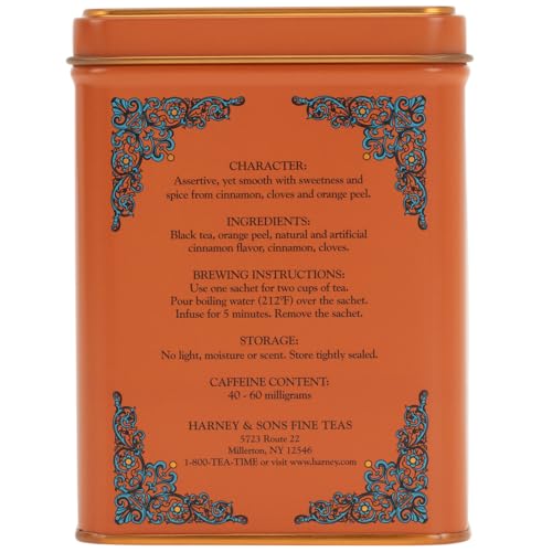 Harney & Sons cinnamon sunset tea sachets in a tin for on-the-go brewing