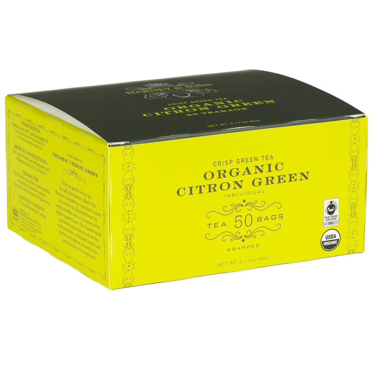 Harney & Sons Citron Green Tea teabag with cup, refreshing citrus aroma and bright cup moment