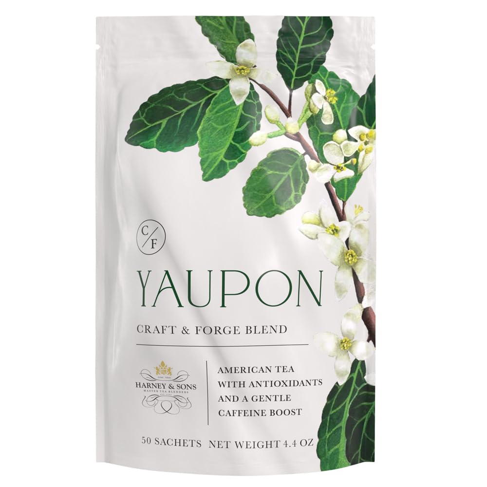 Harney & Sons Colonial Williamsburg Yaupon tea sachets deliver mellow, herbal flavor with a gentle caffeine lift.