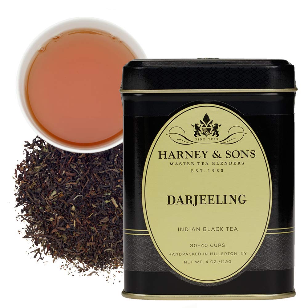 Harney & Sons Darjeeling black tea cup with bright color and fragrant aroma.