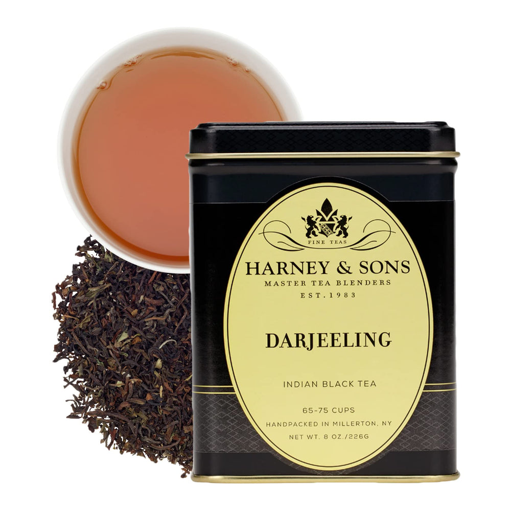 Harney & Sons Darjeeling loose-leaf tea in canister, ideal for daily steeping rituals.