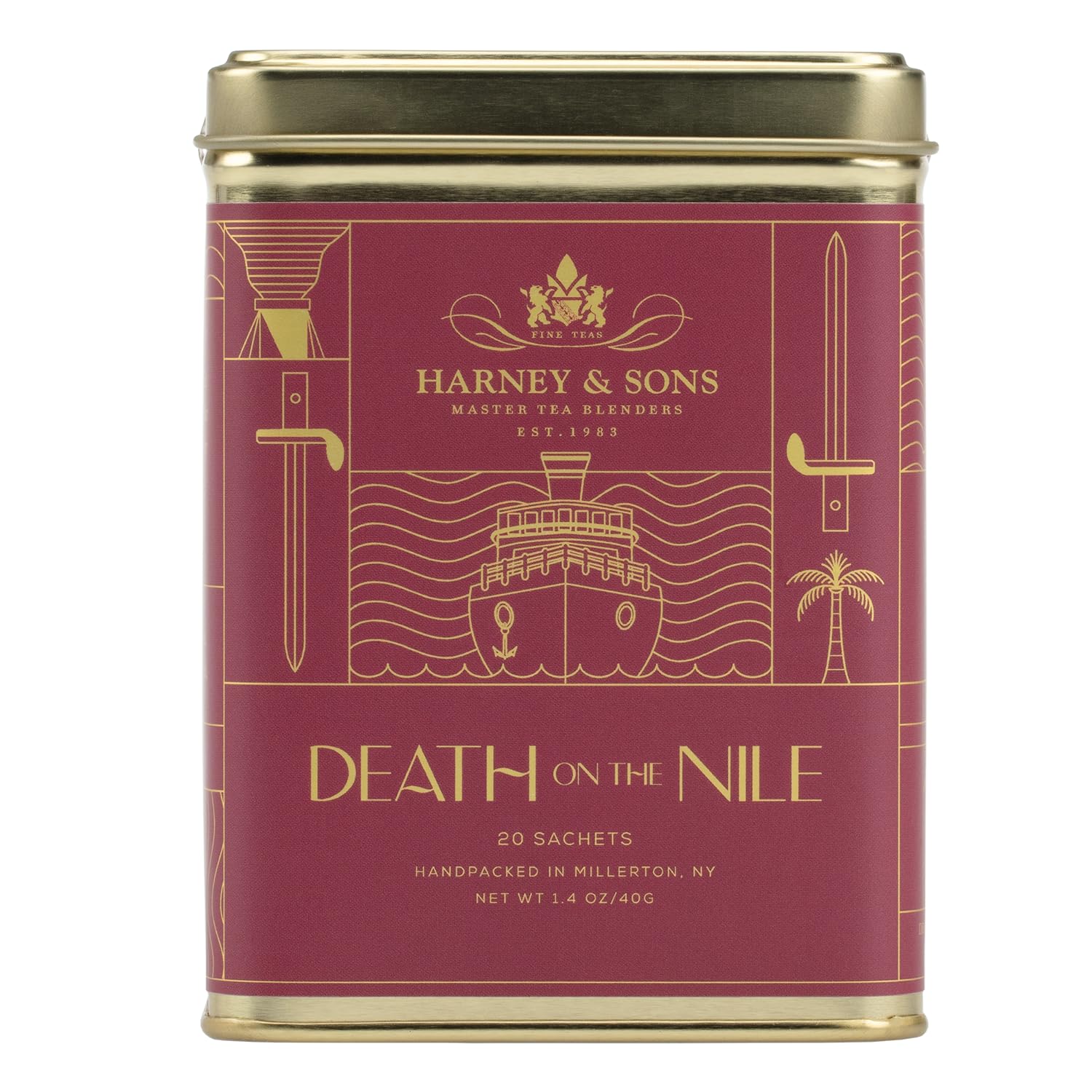 Harney & Sons Death on the Nile tea tin front, premium caffeine-free blend for soothing moments.