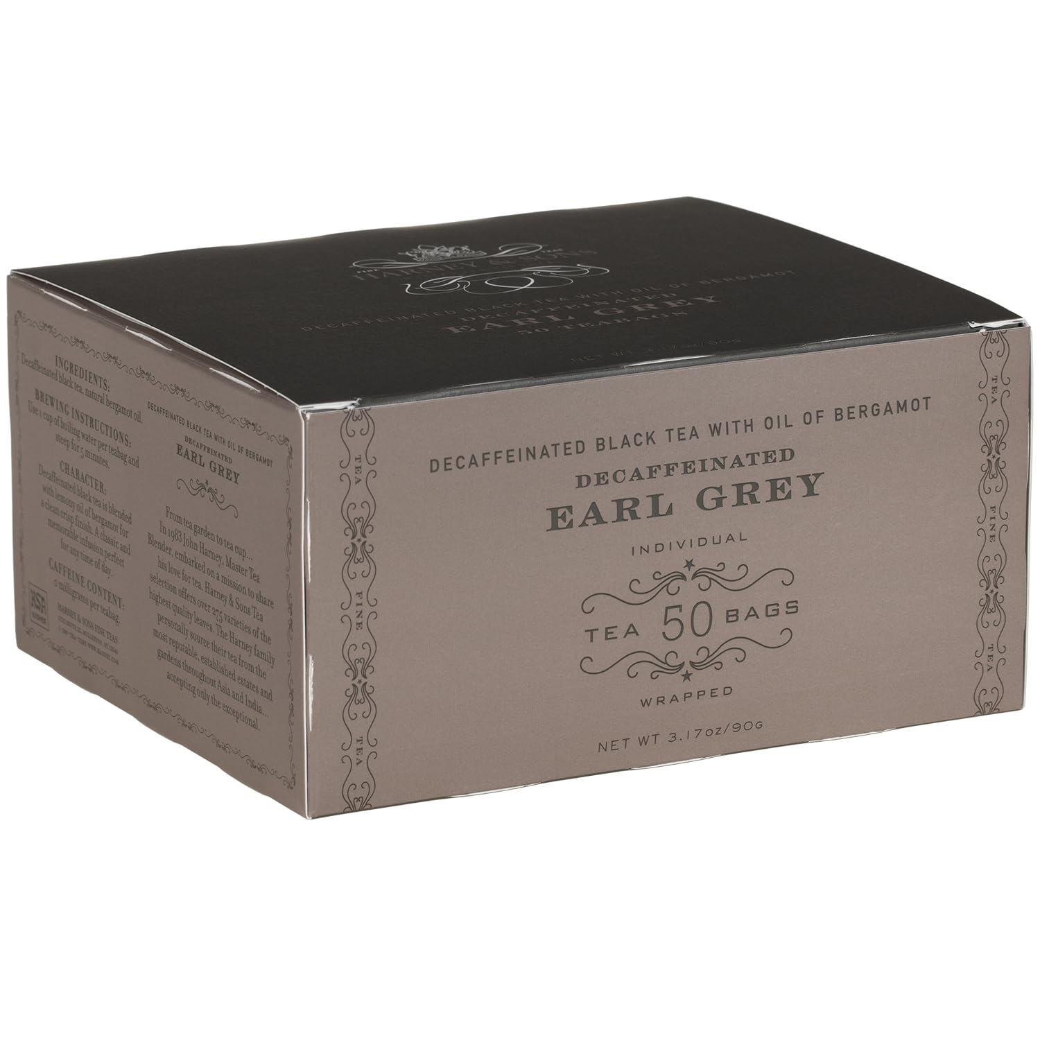 Harney & Sons decaf Earl Grey tea bags for a soothing evening cup with bergamot aroma.